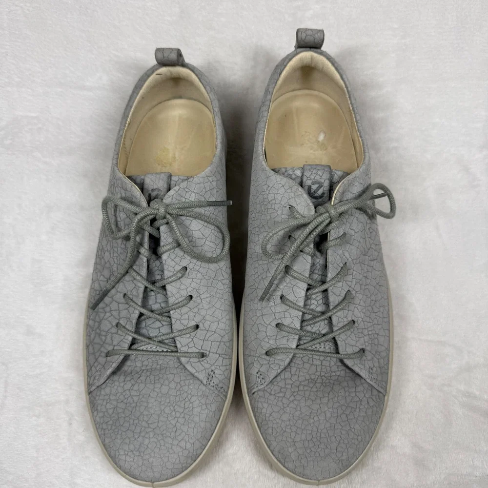 ECCO Soft 7 Grey Crackle Textured Leather Low Top‎ Lace Up Sneakers Mens 8